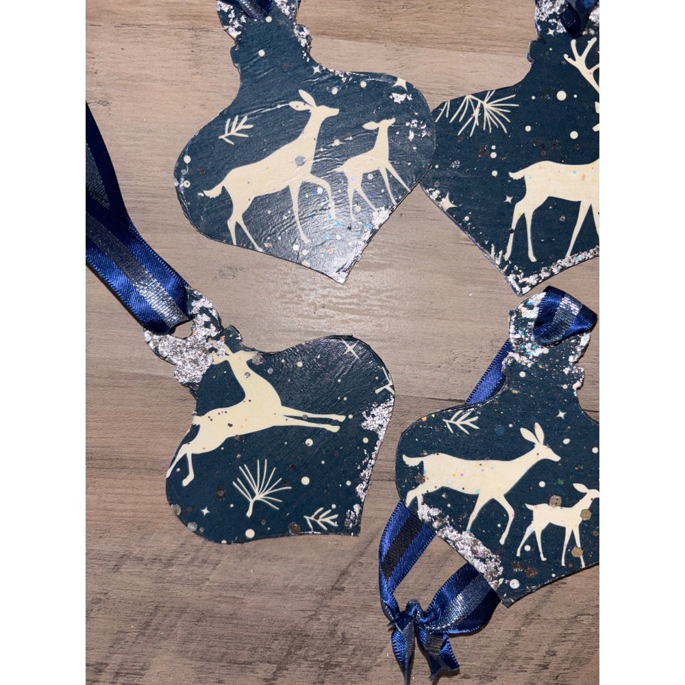 Set of 6 Christmas Ornaments Reindeer Snowflake Glitter Rustic Home Decor - Picture 2 of 6